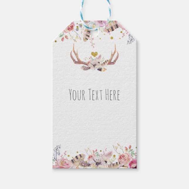 Flowers & Hjort Antlers Rustic Landsbyggsbröllop Presentetikett (Framsidan)