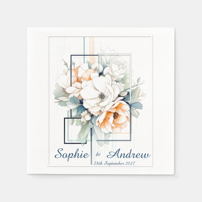 Flowers in Blue Cube-Frame: Wedding Napkins Pappersservett (Framsidan)