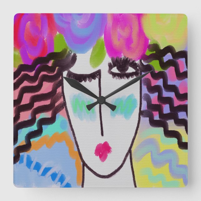 Flowers in Her Hair Abstract Art Square Wall Clock Fyrkantig Klocka (Framsida)