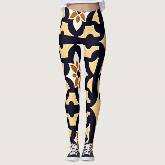 Flowers Isometric Orange Beige Botanical Mönster Leggings (Framsida)
