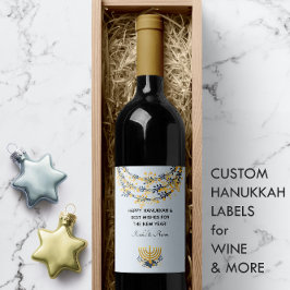 Flowers Menorah Blue Lycklig Hanukkah i flottan oc Vinflaska Etikett