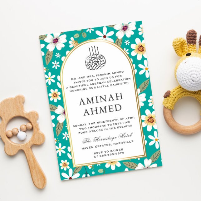 Flowers Mönster Grönt Islamic Aqiqa Aqeqa Baby Inbjudningar (Skapare uppladdad)
