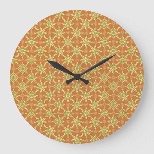 Flowers Mönster Rusty Red, Grönt, Cream Wall Clock Stor Klocka (Framsida)