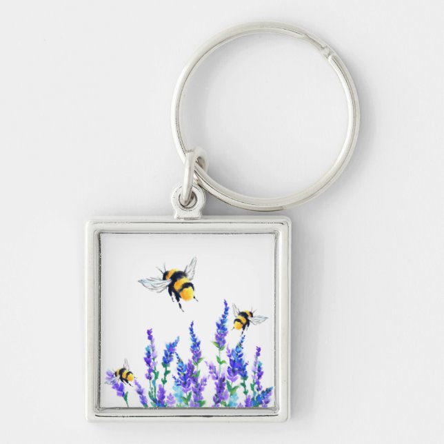 Flowers och Bees Keychain Vår Fyrkantig Silverfärgad Nyckelring (Framsidan)