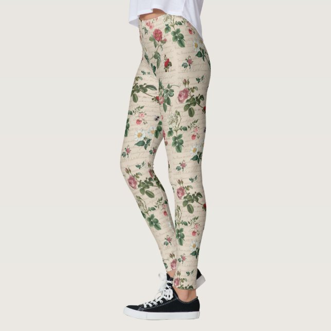 Flowers och Löv Beige Background Leggings (Vänster)