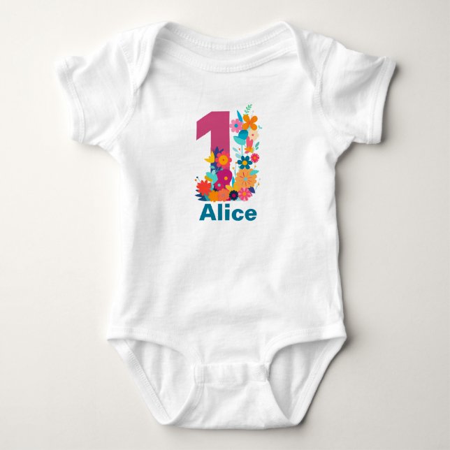 Flowers One Girl 1st Birthday Party-Personalizable T Shirt (Framsida)