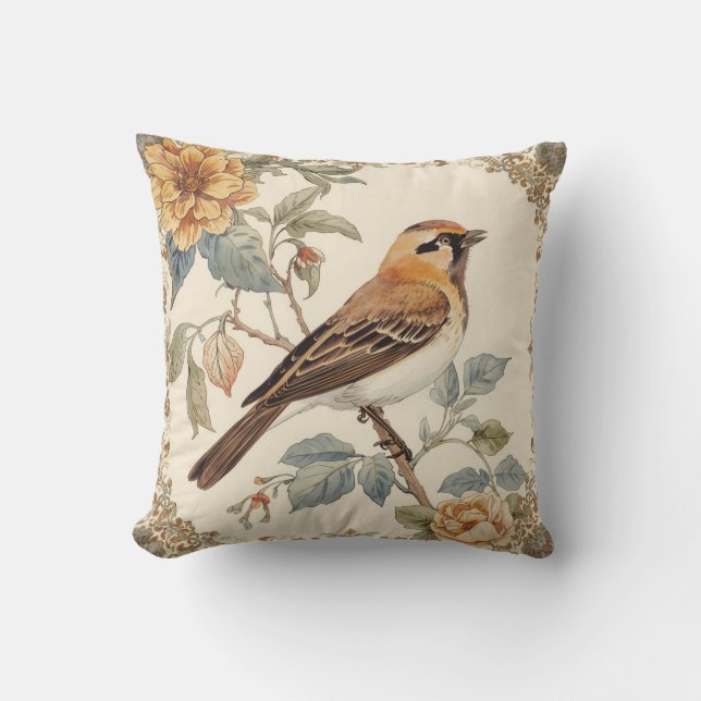 Flowers Pattern and Lovely Bird, Off White, Yellow Kudde (Framsida)