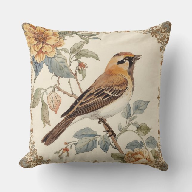 Flowers Pattern and Lovely Bird, Off White, Yellow Kudde (Framsida)