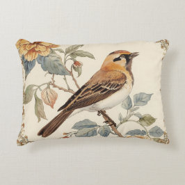 Flowers Pattern and Lovely Bird, Off White, Yellow Prydnadskudde