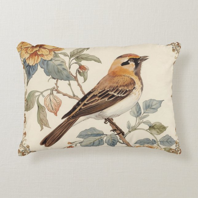 Flowers Pattern and Lovely Bird, Off White, Yellow Prydnadskudde (Framsidan)