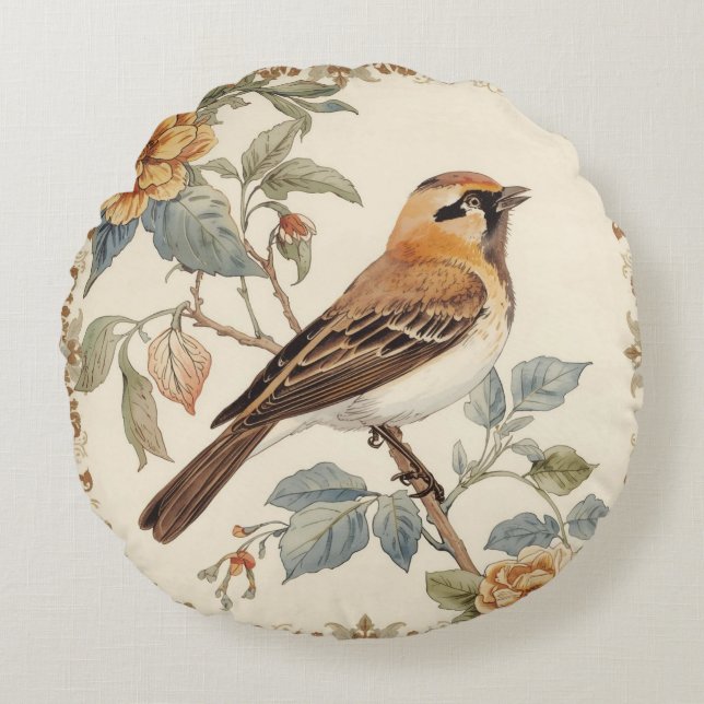 Flowers Pattern and Lovely Bird, Off White, Yellow Rund Kudde (Framsidan)