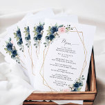 Flowers, Rosa Flowers, Möhippa Menu<br><div class="desc">Lägg till en personlig beröring till din möhippa firande med dessa snyggtar och minnesvärda party-objekt! Konstruktionen har blommor med marin och  rosa,  grönt och guld ram på vit bakgrund.</div>