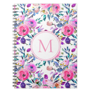 Flowers Rosa Lila Anpassningsbar Monogram Anteckningsbok
