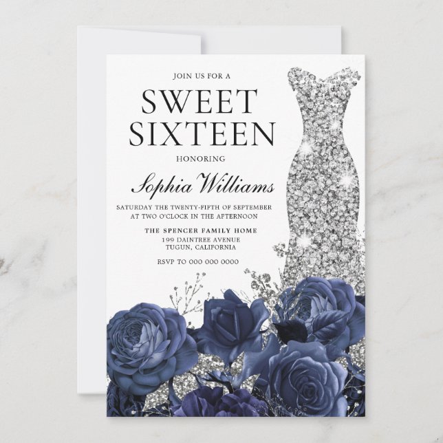 Flowers & Silver Diamond Dress Sweet 16 Party Inbjudningar (Framsida)