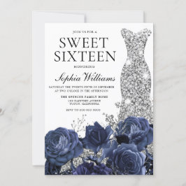 Flowers & Silver Diamond Dress Sweet 16 Party Inbjudningar