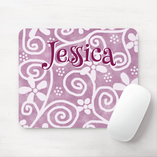 Flowers Swirls Pink White Pattern Personalized Musmatta (Med mus)