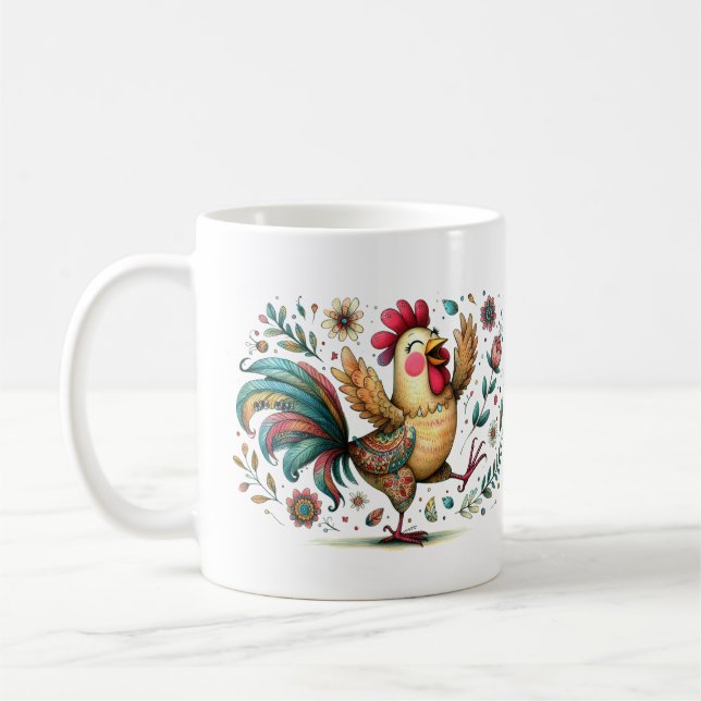 Flowers Tupp eller Chicken Folk Art Stil Kaffemugg (Vänster)