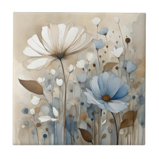 Flowers Watercolor Abstrakt Beige Grått Kakelplatta