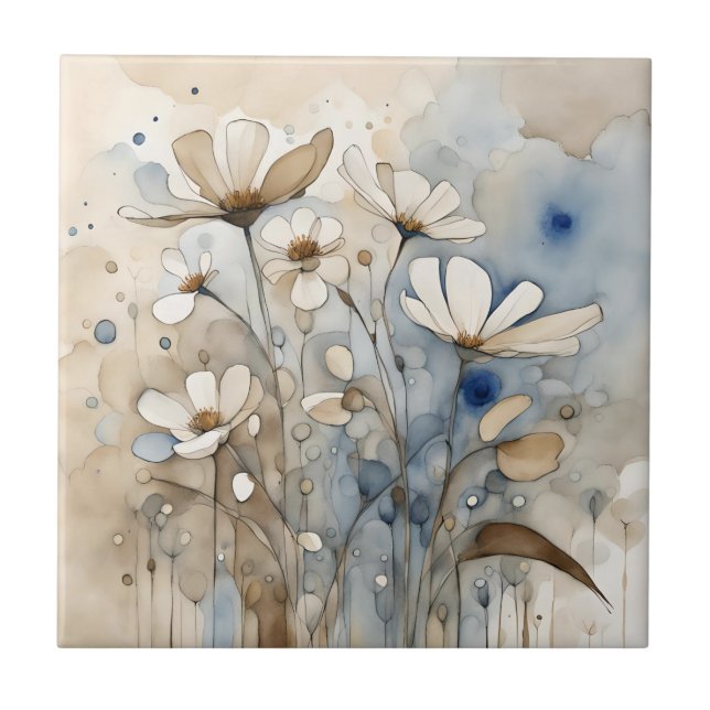 Flowers Watercolor Abstrakt Beige Grått Kakelplatta (Framsidan)