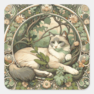 Flowery Beige och Sage Art nouveau Cat Fyrkantigt Klistermärke
