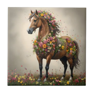 Flowery Brown Horse Fantasy Garden Kakelplatta