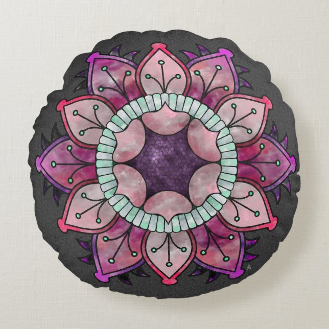Flowery Watercolor Mandala - Berry Färg på Grått Rund Kudde (Framsidan)