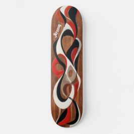 Flowing abstract black, red, white on walnut mini skateboard bräda 18,5 cm