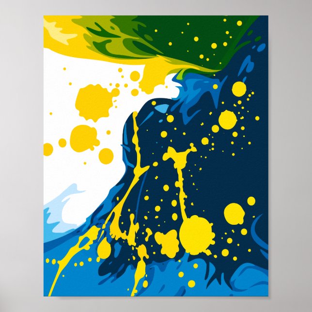 Flowing Blue Waves with Yellow Paint Splashes Poster (Framsidan)