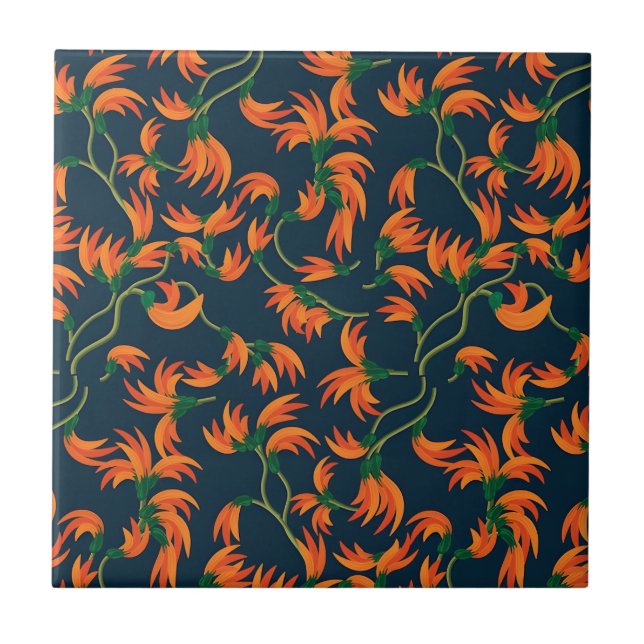  Flowing Orange Floral Pattern Kakelplatta (Framsidan)