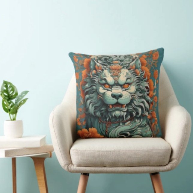 Flu Lejonet av Visdom  Kudde (Asian Lion Head  pillow high quality 100% polyester hidden zipper enclosure. Made in the USA. )