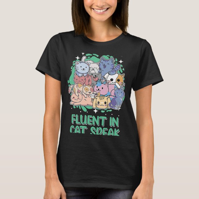 Fluent i kattspråk Kitten Humor Cat Mamma T Shirt (Framsida)