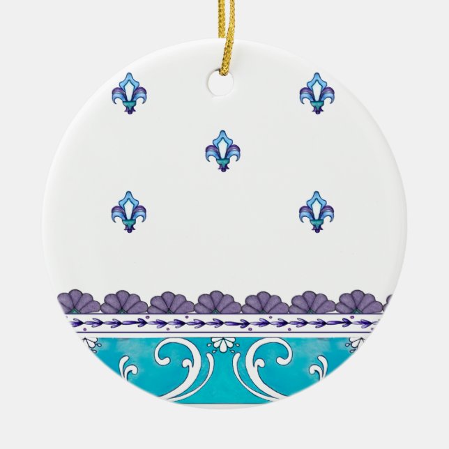 Fluer De Lis Blue Swirl Design Julgransprydnad Keramik (Framsidan)