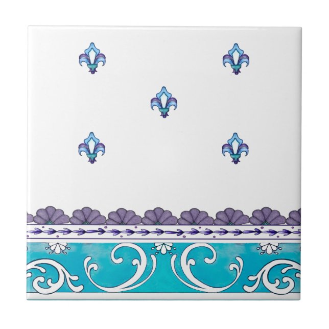 Fluer De Lis Blue Swirl Design Kakelplatta (Framsidan)