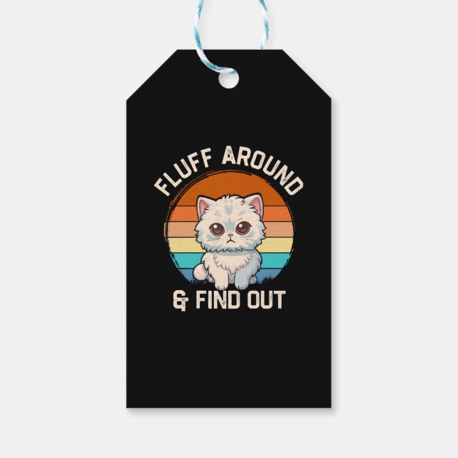 Fluff Runt Och Ta Reda På Rolig Retro Katt Presentetikett (Baksidan)