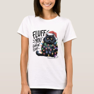 "Fluff You", svart katt jul-Ljus T Shirt