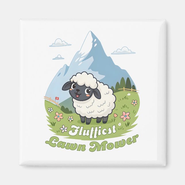 Fluffiest Lawn Mower – Adorable Blacknose Sheep Magnet (Framsidan)