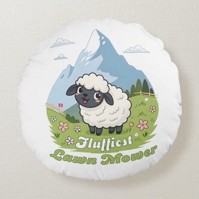 Fluffiest Lawn Mower – Adorable Blacknose Sheep Rund Kudde (Framsidan)