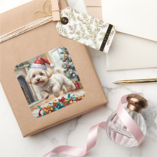Fluffig Bichon Frise Hund Glädjerik Jul Fyrkantigt Klistermärke