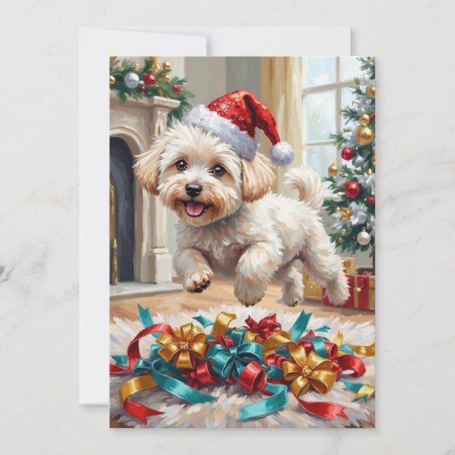 Fluffig Bichon Frise Hund Glädjerik Jul Julkort (Framsida)