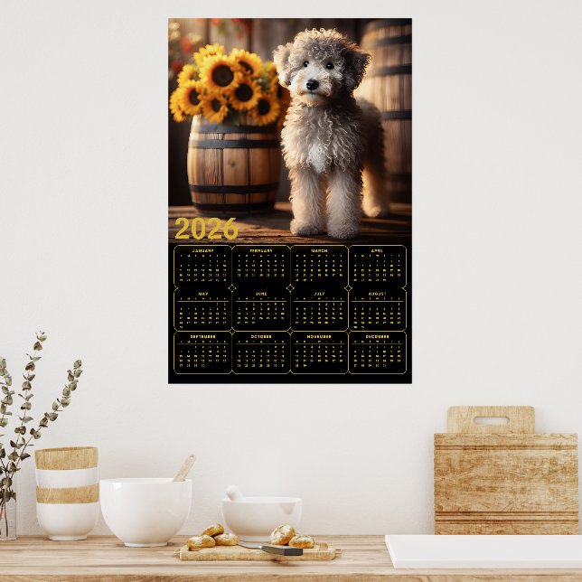 Fluffig Goldendoodle med solrosor – 2026 Rustik  Poster (Kök)