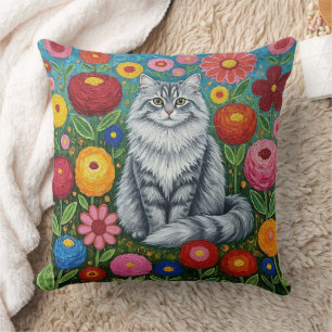 Fluffig grå randig katt med folkliga blommor kudde