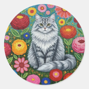 Fluffig grå randig katt med folkliga blommor runt klistermärke