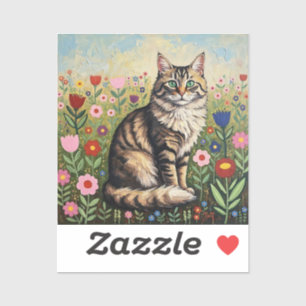 Fluffig Grå Tabby Katt och Folklig Konst Blommor Klistermärken