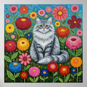 Fluffig grårandig katt med folkliga blommor poster