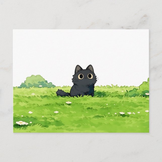 Fluffig Grön Buske Kawaii Svart Katt Vykort (Framsida)