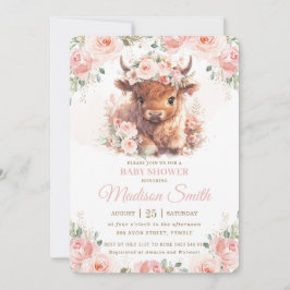 Fluffig Highland Ko Ljusrosa Blomster Baby Shower Inbjudningar