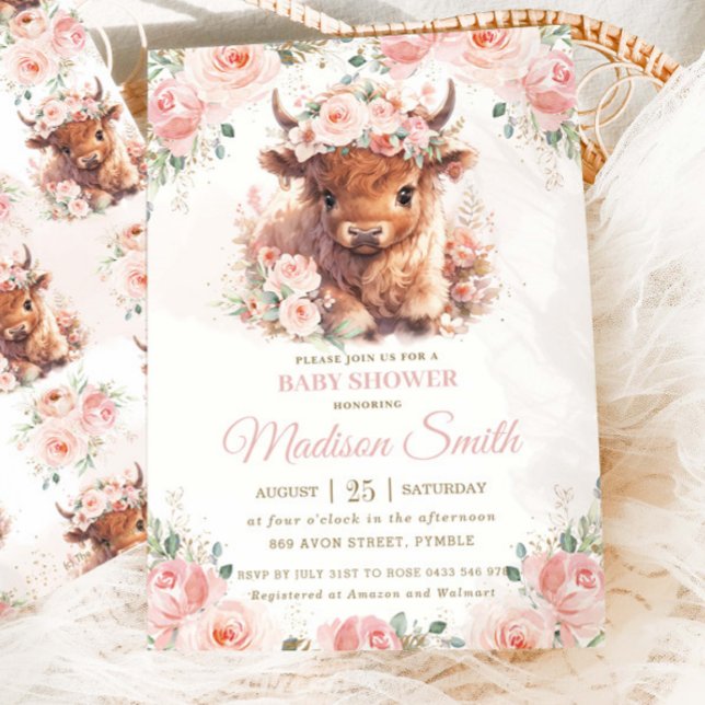 Fluffig Highlandko Pink Rodnad Blommig Bebis Showe Inbjudningar (Skapare uppladdad)