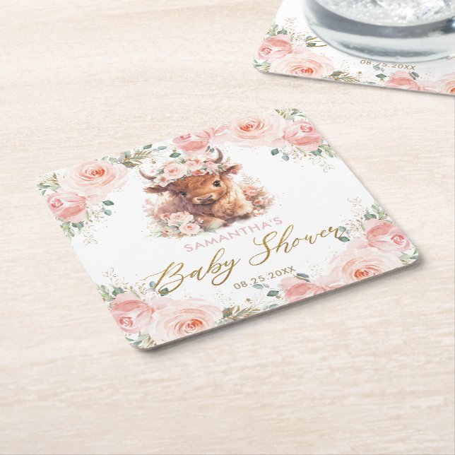 Fluffig Highlandko Rosa Blommig Bebisdopp Underlägg Papper Kvadrat (Vinklad)