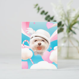 Fluffig hund med vit mössa meddelande vykort