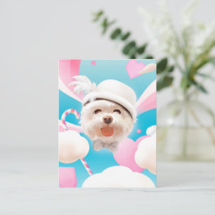 Fluffig hund med vit mössa meddelande vykort